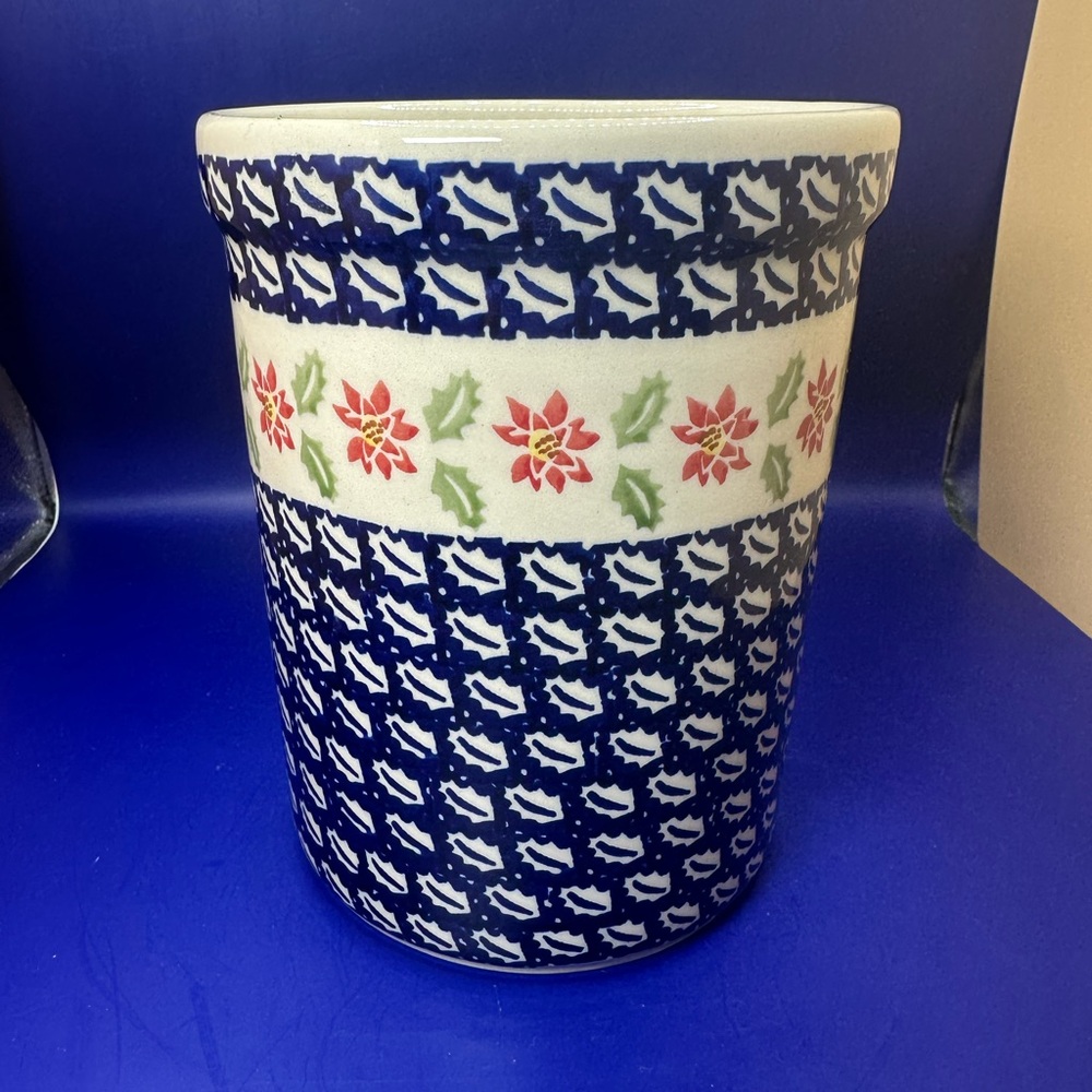 Polish Pottery Manufaktura Christmas Crock Utensil Holder Poinsettias Holly